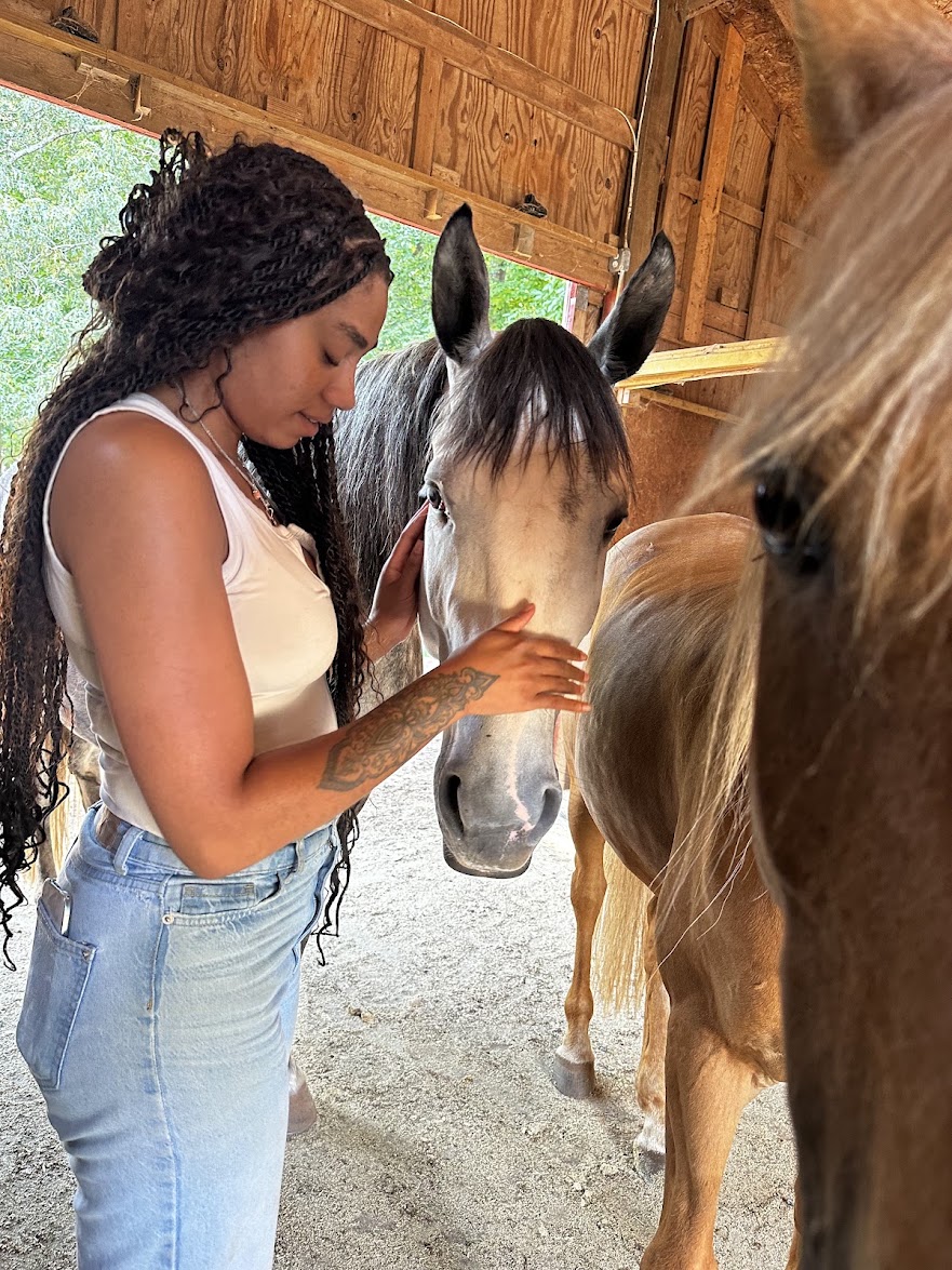 Participant sharing a quiet moment with a gray horse in the barn