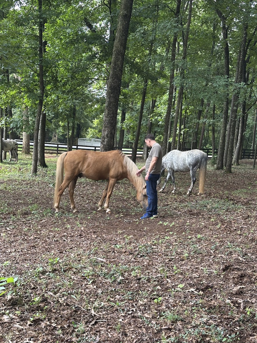 A man standing quietly in a wooded farm area with a palomino horse near him and a gray horse farther behind
