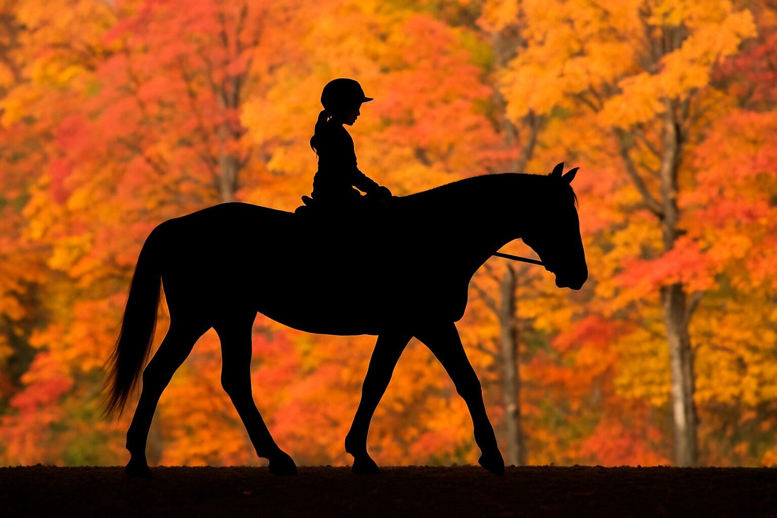 A small rider sits atop a large horse in silhouette, framed against vibrant fall foliage in shades of orange, red, and yellow.