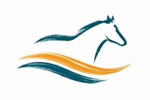 Stylized horse with blue and orange strokes.