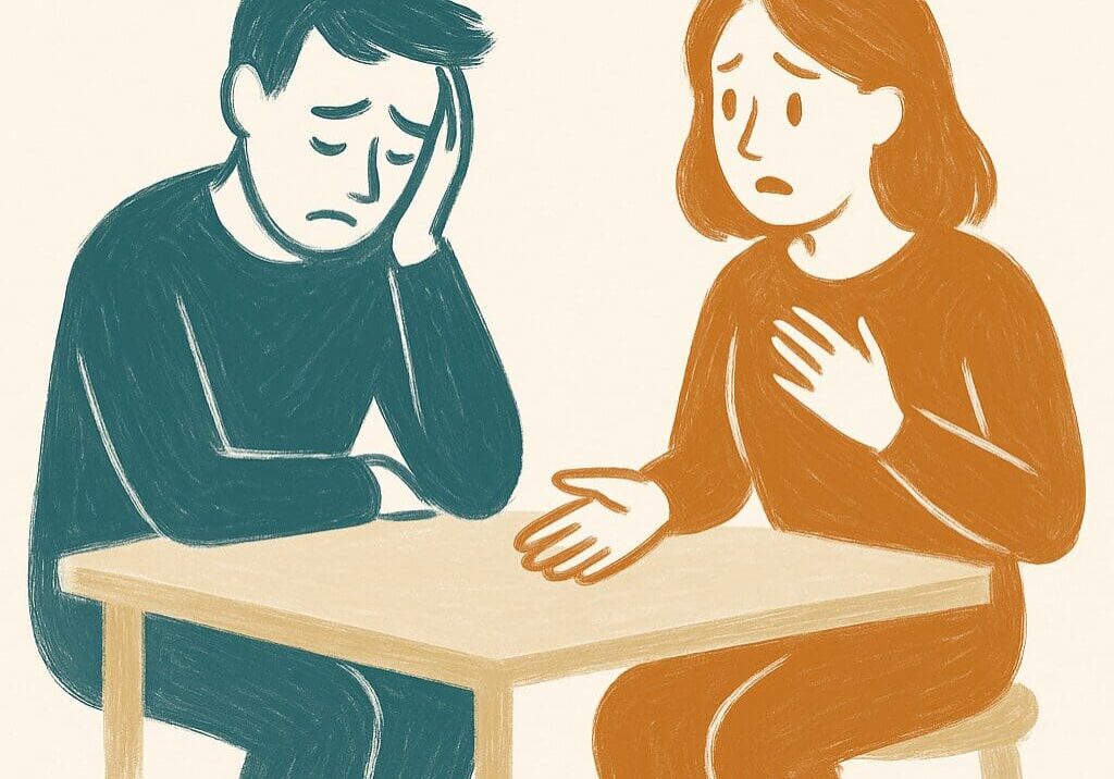 Two people sitting at a table, talking.