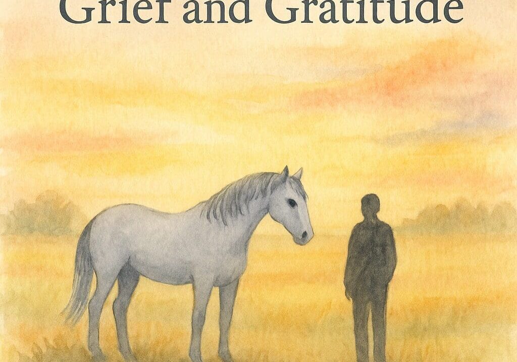 A grey stallion and silhouette of a person standing in a watercolor field of Autumn colors